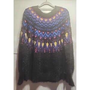 Time & Tru Women’s M Fair Isle Sweater Black Multi Fuzzy Knit Pullover